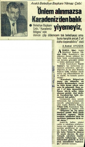 Araklı Belediye Başkanı Yılmaz Çebi'nin demecinin yer aldığı gazete küpürü